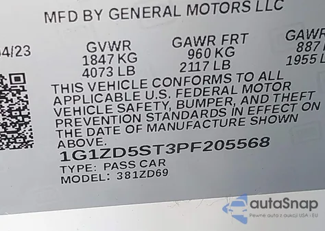 2023 Chevrolet Malibu Fwd 1Lt from USA, damaged, VIN 1G1ZD5ST3PF205568